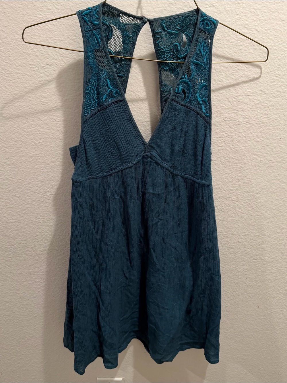 Ecote Teal Embroidered Lace-Back Mini Dress